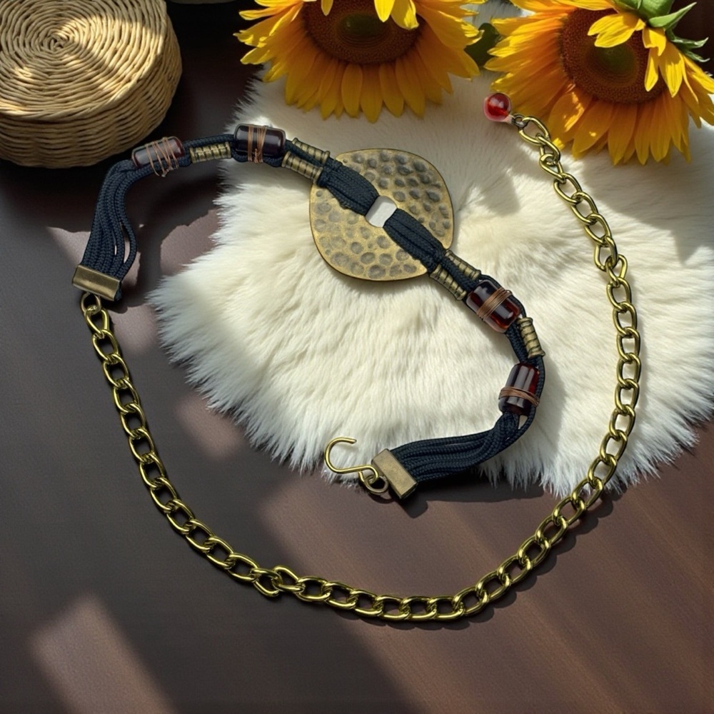 Vintage Boho Hammered Brass Macrame Cord Beads Adjustable Chain Belt S/M